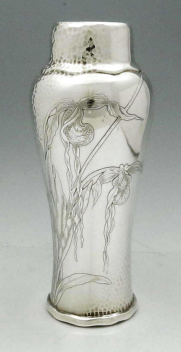 Tiffany antique sterling hammered vase with etched decoration of irises